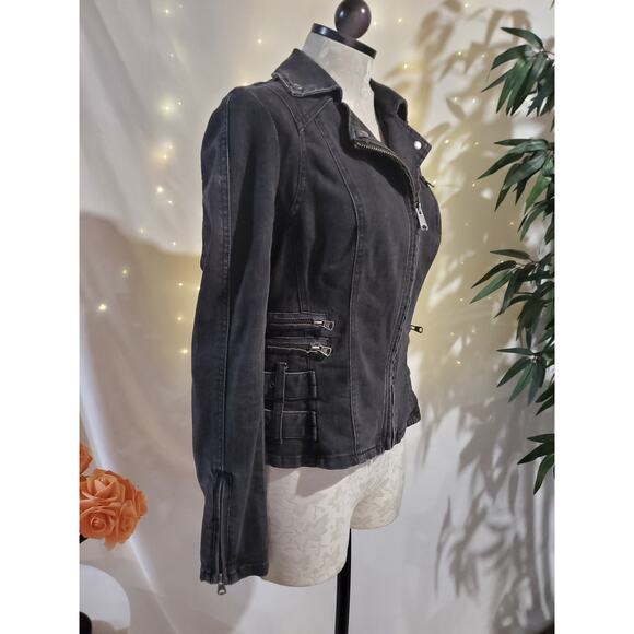 Free People Womens Buckle Strap Denim Moto Jacket Size 0 Black Fade Baddie Punk - Picture 4 of 12